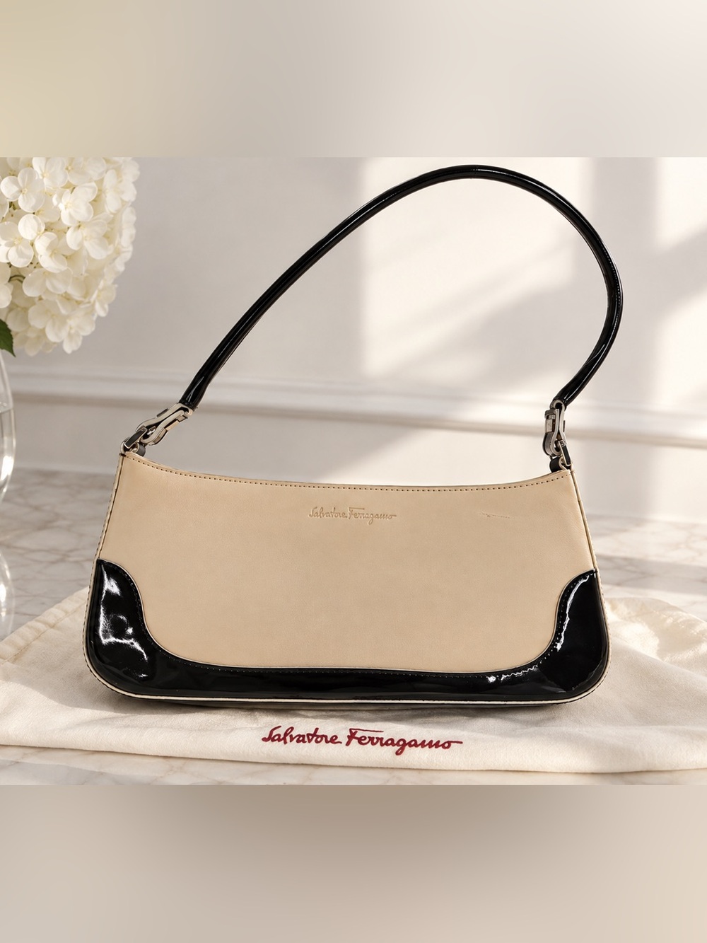 Vintage Salvatore Ferragamo Cream & Black Patent Leather Shoulder Bag + Dust Bag